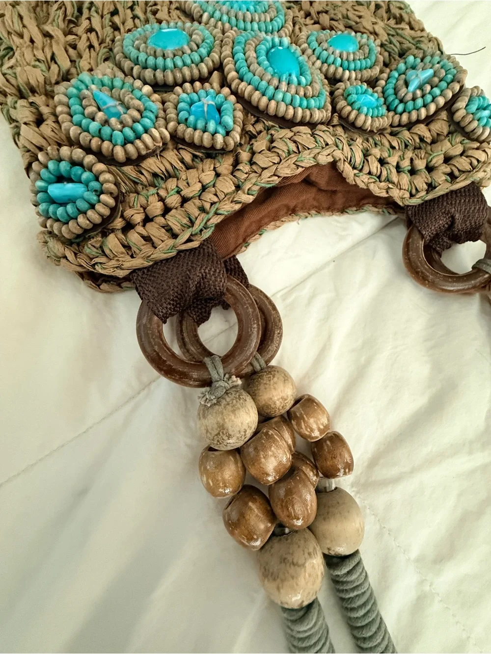 Chico's Brown Handwoven Satchel with Turquoise Bead Accents